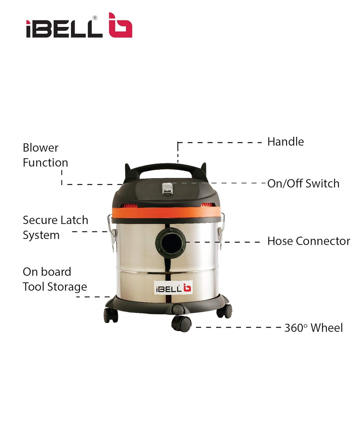 IBELL Cyclone1400 HEPA Filter Stainless Steel 20 Litre 20kPa Pressure Wet/Dry Vacuum Cleaner with Powerful Suction Water Picking Brush and Blower Function
