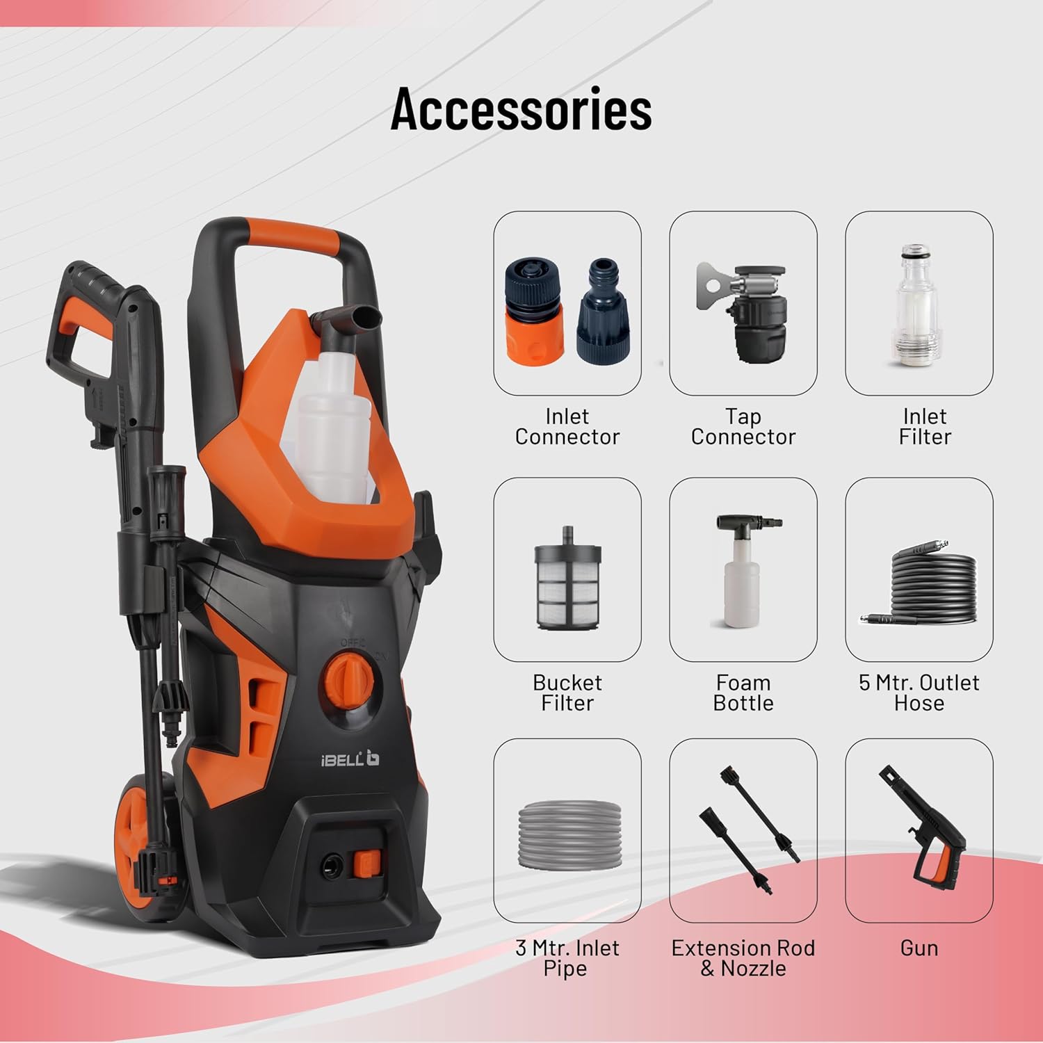IBELL WIND55 Pressure Washer for Car, 1800W Motor, 140 Bar Car Washer High Pressure Gun, 7.8 L/Min Flow, 5M Hose, Turbo Nozzle, Portable Pressure Washer for Car, Bike, Home & Outdoor Cleaning