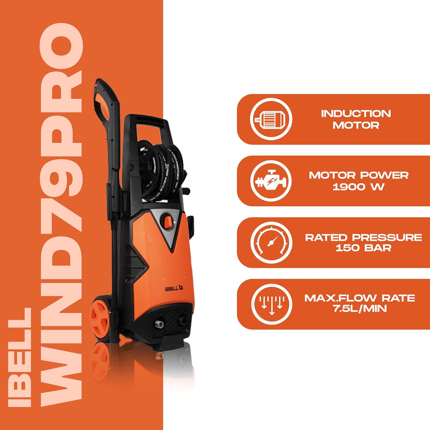 IBELL WIND79 PRO High Pressure Washer, 1900W Induction Motor, 150 Bar Car Washer High Pressure Gun, 7.5 L/Min Flow, 5M Hose, Portable Pressure Washer for Car, Bike, Home & Outdoor Cleaning