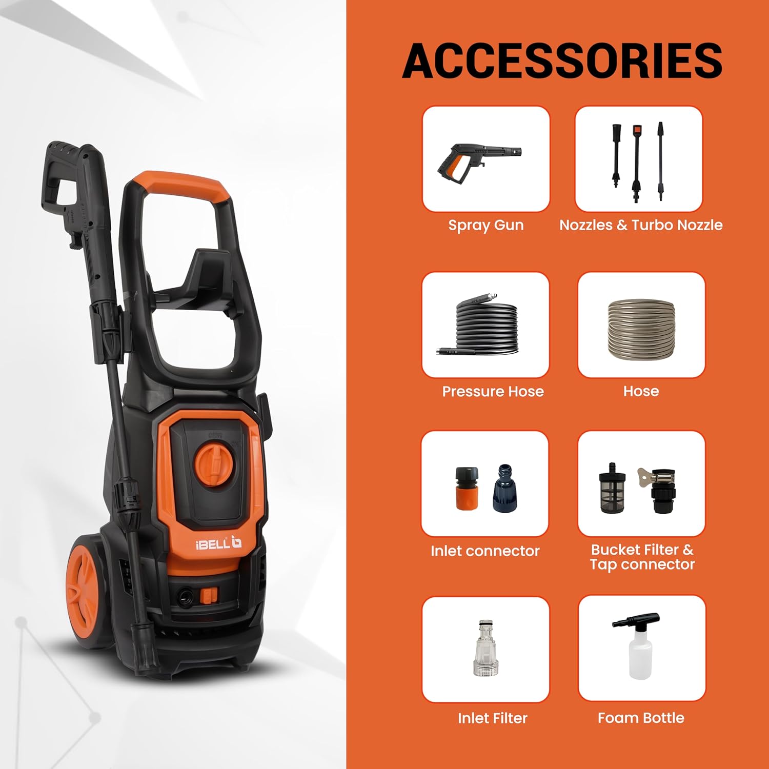 IBELL WIND60 High Pressure Washer, 1600W Induction Motor, 125 Bar Car Washer High Pressure Gun, 6 L/Min Flow, 5M Hose, Portable Pressure Washer for Car, Bike, Home & Outdoor Cleaning