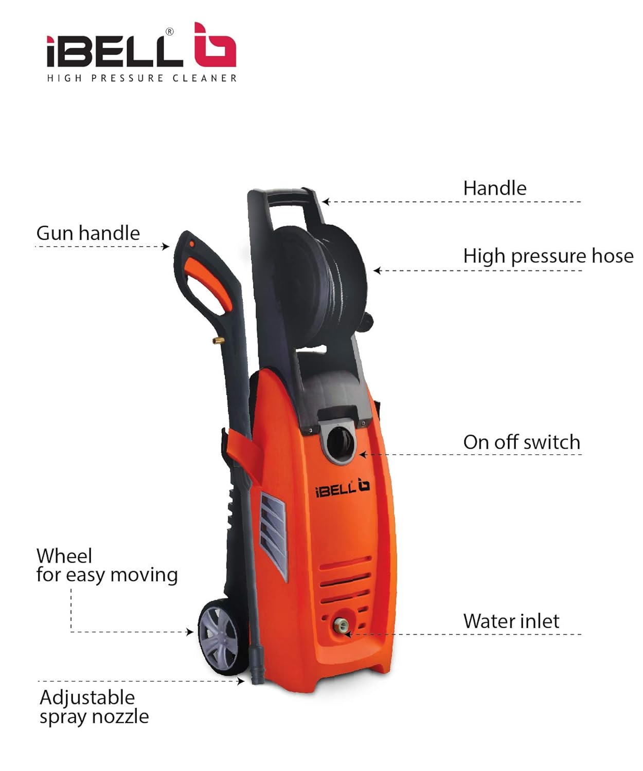 IBELL WIND79 Induction Motor High Pressure Washer, 1800 Watts Motor, 140 Bars, 7L/Min Flow Rate, 5 Meters Outlet Hose, for Car, Bike and Home Cleaning Purpose Turbo Nozzle (Premium Edition)