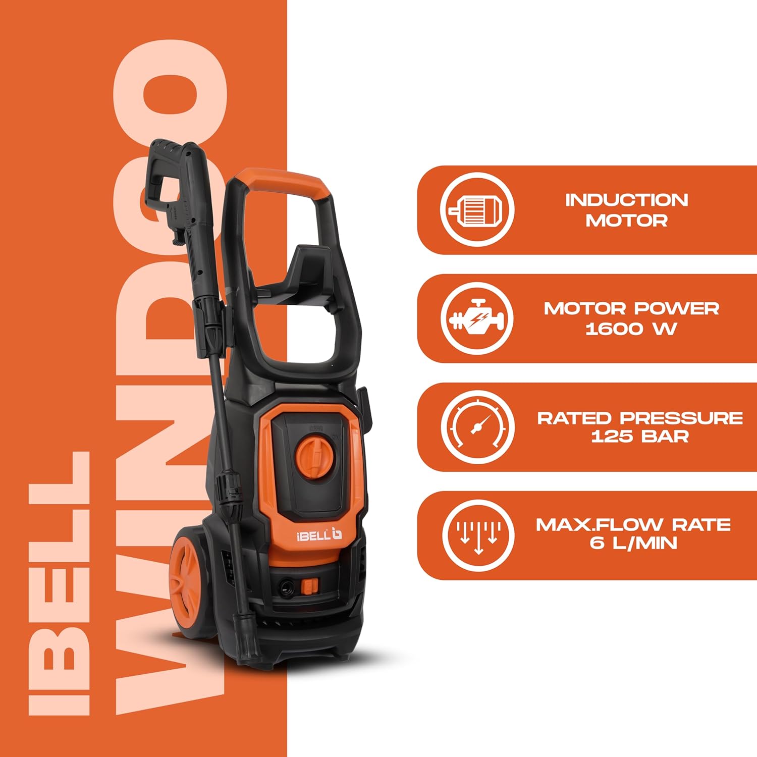 IBELL WIND60 High Pressure Washer, 1600W Induction Motor, 125 Bar Car Washer High Pressure Gun, 6 L/Min Flow, 5M Hose, Portable Pressure Washer for Car, Bike, Home & Outdoor Cleaning