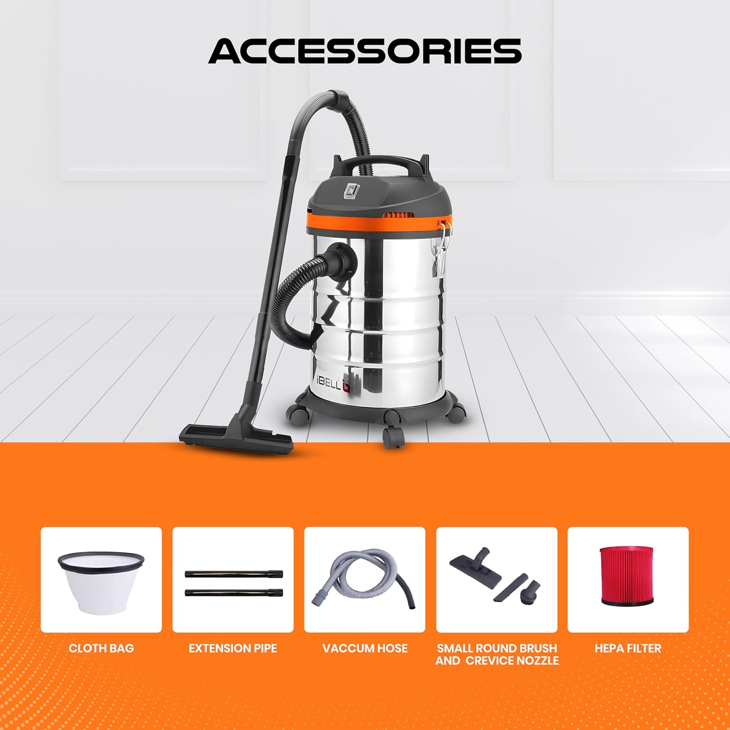 IBELL Cyclone1700 Industrial Series HEPA Filter 35L 20kPa Pressure Stainless Steel Tank Wet/Dry Vacuum Cleaner with Blower Function