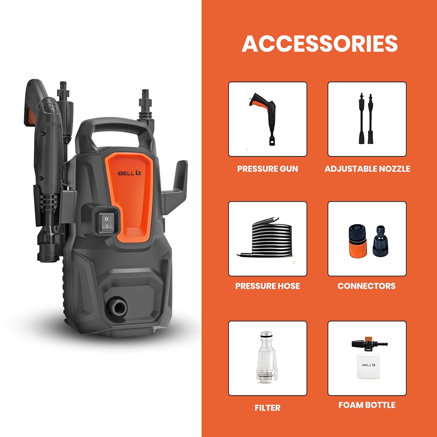 IBELL WIND20 Pressure Washer for Car, 1300 Watts Motor, 100 Bars, 6L/Min Flow Rate, 5 Meters Outlet Hose, for Car, Bike and Home & Outdoor Cleaning Cleaning Purpose, Black and Orange