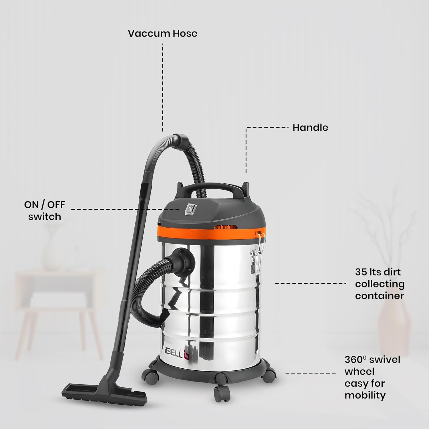 IBELL Cyclone1700 Industrial Series HEPA Filter 35L 20kPa Pressure Stainless Steel Tank Wet/Dry Vacuum Cleaner with Blower Function