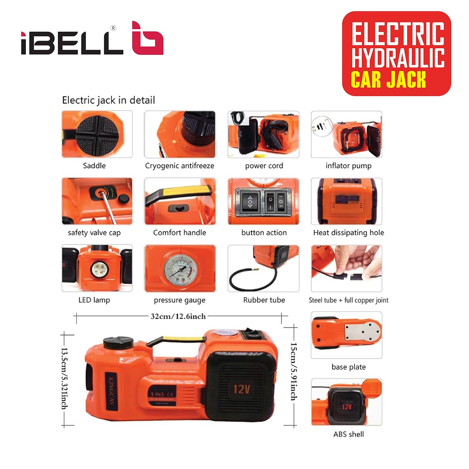 iBELL ECJ510 Hydraulic Jack for car, 5 in 1 Electric Jack for car with Tire Inflator and Electric Impact Wrench, Lifting Range 6 to 17.7 inch Compactible for Car SUV MPV Sedan