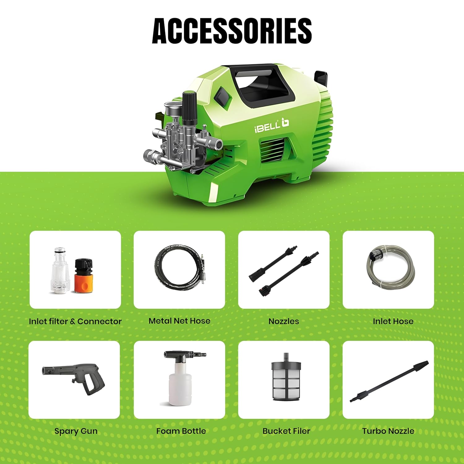 IBELL iGreen550 High Pressure Washer, 2200W Induction Motor, 160 Bar Car Washer High Pressure Gun, 7.4 L/Min Flow, 5M Hose, Portable Pressure Washer for Car, Bike, Home & Outdoor Cleaning