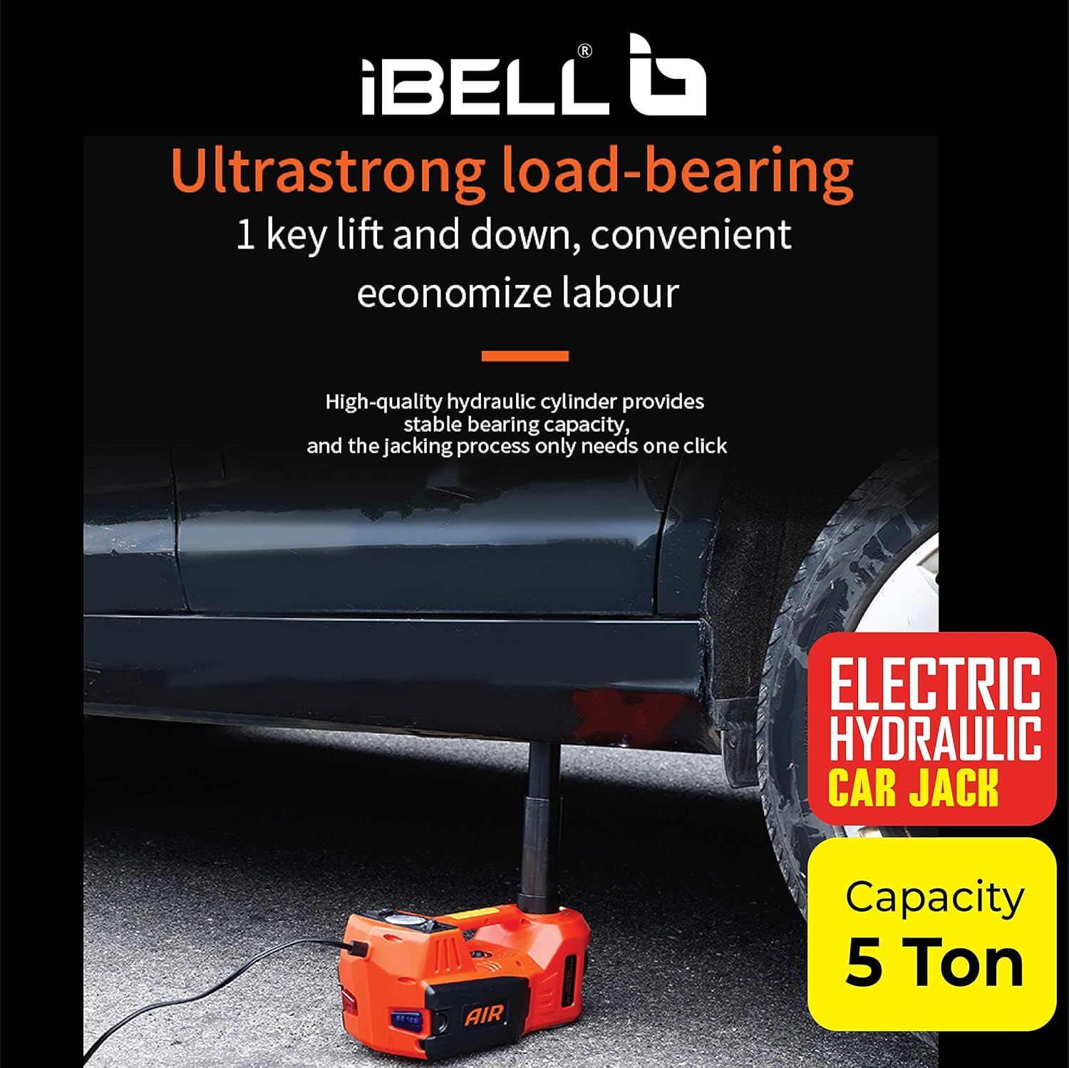 iBELL ECJ510 Hydraulic Jack for car, 5 in 1 Electric Jack for car with Tire Inflator and Electric Impact Wrench, Lifting Range 6 to 17.7 inch Compactible for Car SUV MPV Sedan
