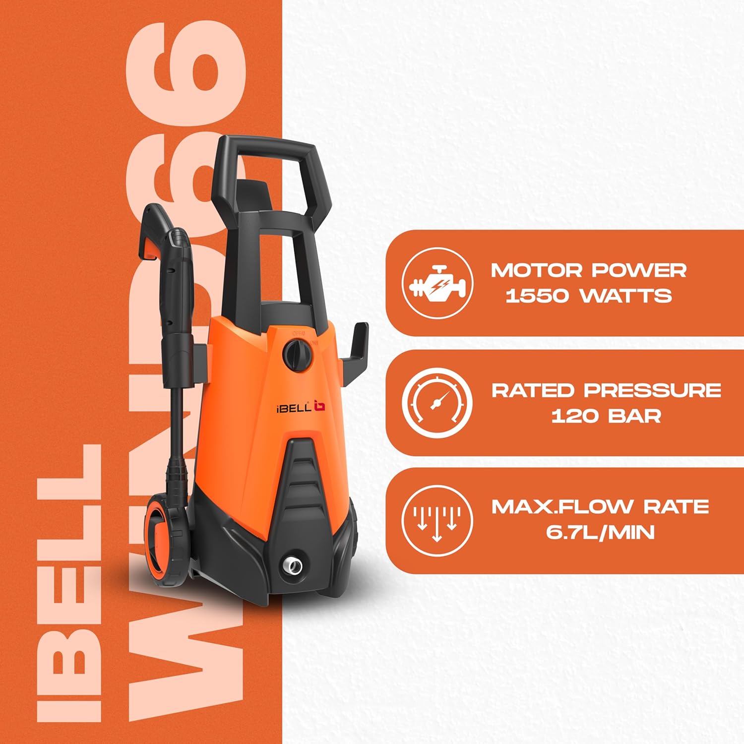 IBELL WIND66 Pressure Car Washer, 1550 Watts Motor, 120 Bar Car Washer High Pressure Gun, 6.7 L/Min Flow, 5M Hose, Portable Pressure Washer for Car, Bike, Home & Outdoor Cleaning