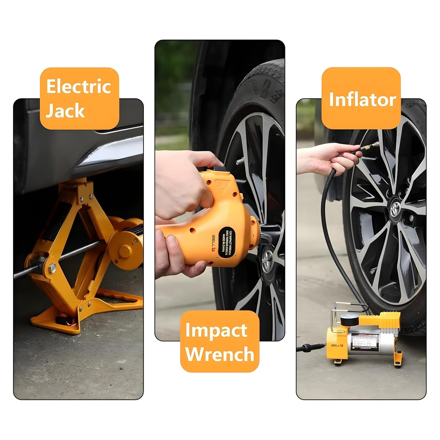 iBELL ECJ310 Hydraulic Jack for car, Electric Jack with Tire Inflator and Electric Impact Wrench, Lifting Range 6 to 17.7 inch Compactible for SUV MPV Sedan