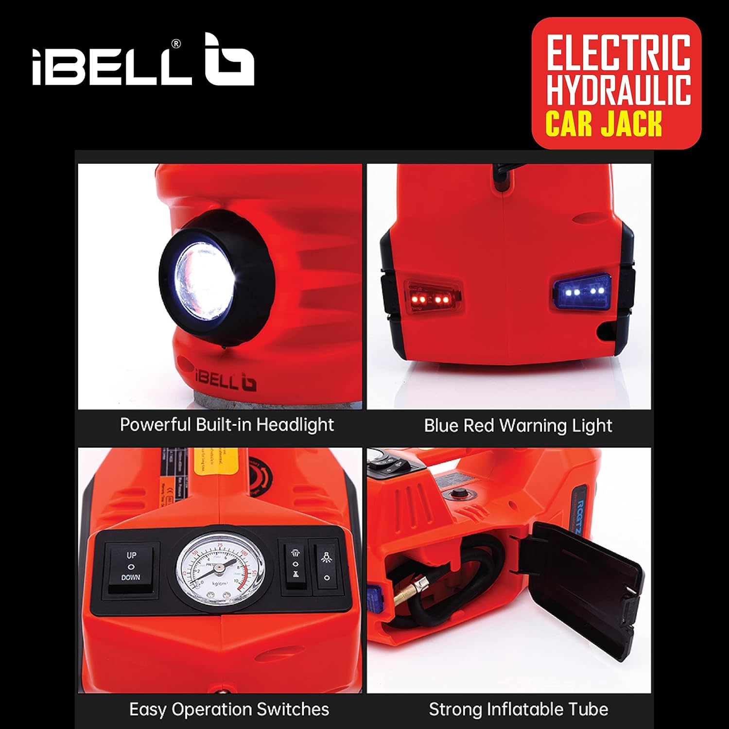 iBELL ECJ510 Hydraulic Jack for car, 5 in 1 Electric Jack for car with Tire Inflator and Electric Impact Wrench, Lifting Range 6 to 17.7 inch Compactible for Car SUV MPV Sedan